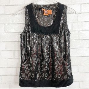 TORY BURCH Pewter Metallic Leopard Print Tank Top size 8